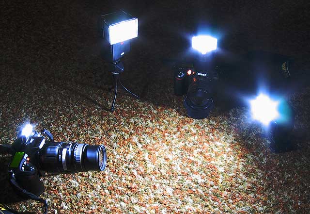Nikon D200 vlevo odplil dlkov zen SB800 zcela vpravo, kter svm impulzem spustil Braun na trojnoce (s optickou spout). Nikon D70 byl sputn nezvisle na ostatnch.